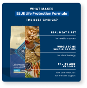 A social post showing what BLUE Life Protection dog food is made of