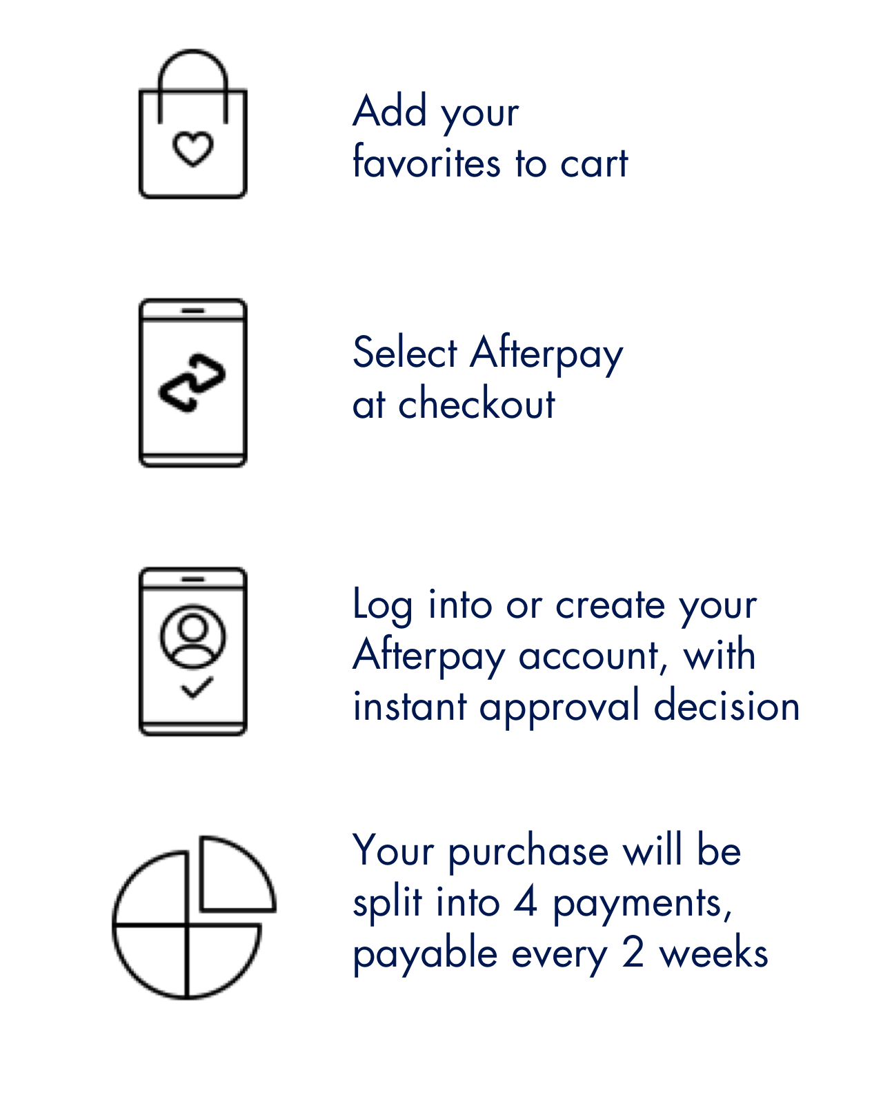 Log into or create your Afterpay account, with instant approval decision. After adding favorites to your cart, select Afterpay at checkout and your purchase will be split into 4 payments, payable every two weeks.