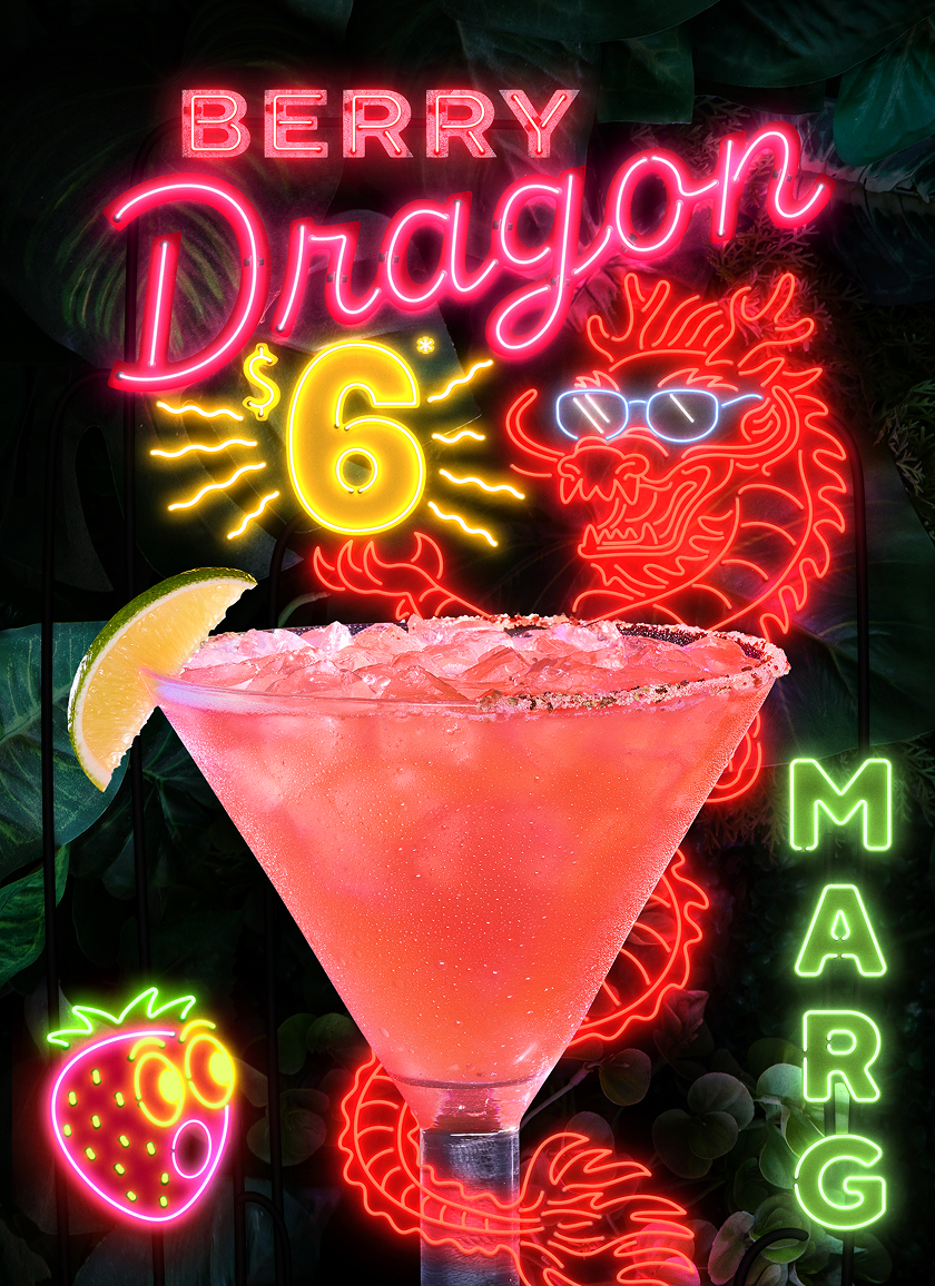 Vibrant neon signage of a dragon wearing sunglasses wrapped around a glass of Chili’s Berry Dragon Marg. Tropical leaves are in the background. 'Berry Dragon Marg - $6*'