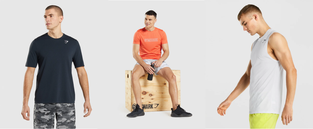 Models showcase a variety of products in the Men's BOGO 50% Sale.