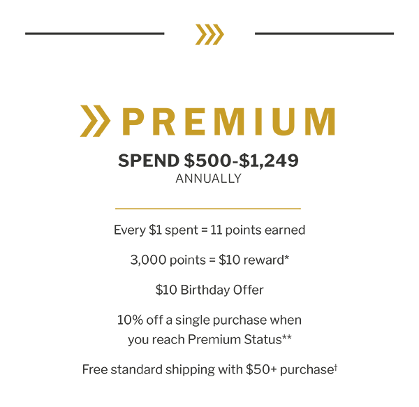 PREMIUM - SPEND $500-$1,249 ANNUALLY - Every $1 spent = 11 points earned - 3,000 points = $10 reward* - $10 Birthday Offer - 10% off a single purchase when you reach Premium Status** - Free standard shipping with $50+ purchase†