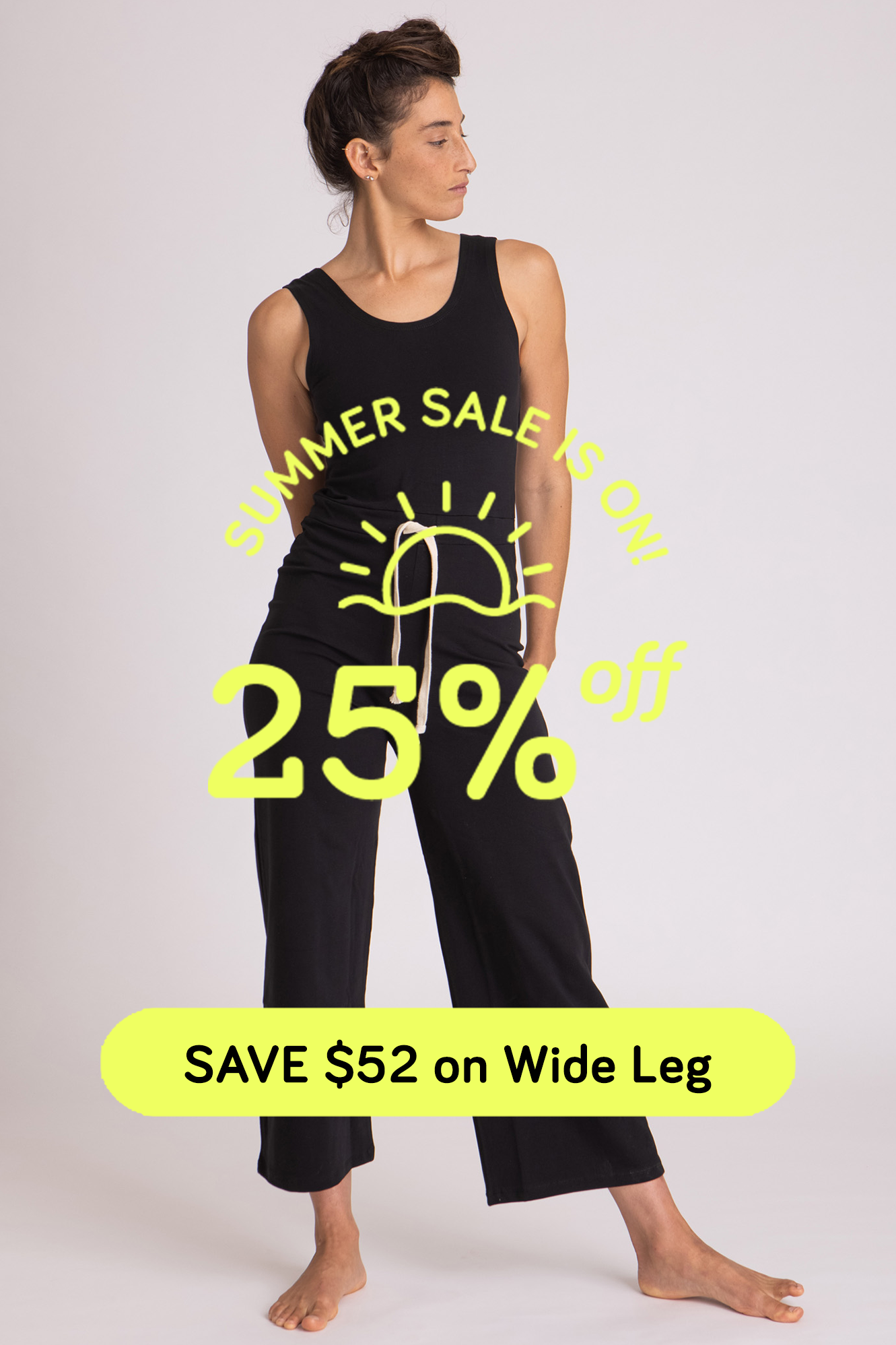 save 25% off on wide leg jumpsuit. Organic cotton