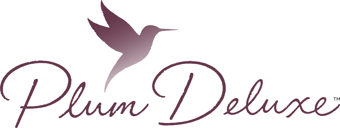 Plum Deluxe logo with hummingbird silhouette.